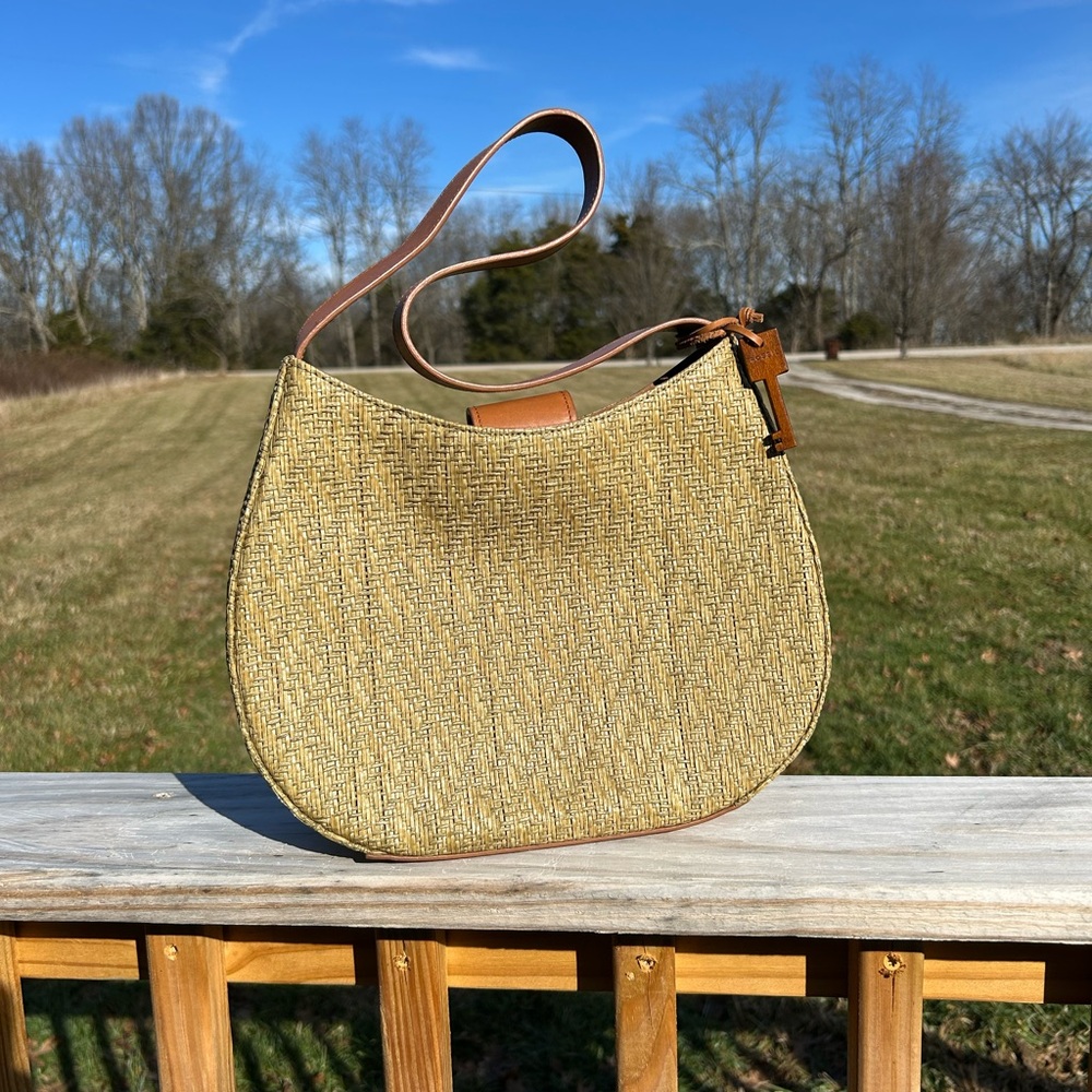 FOSSIL Vintage Woven‎ Basket Weave Single Strap Rich Green Beige Purse Bag Charm